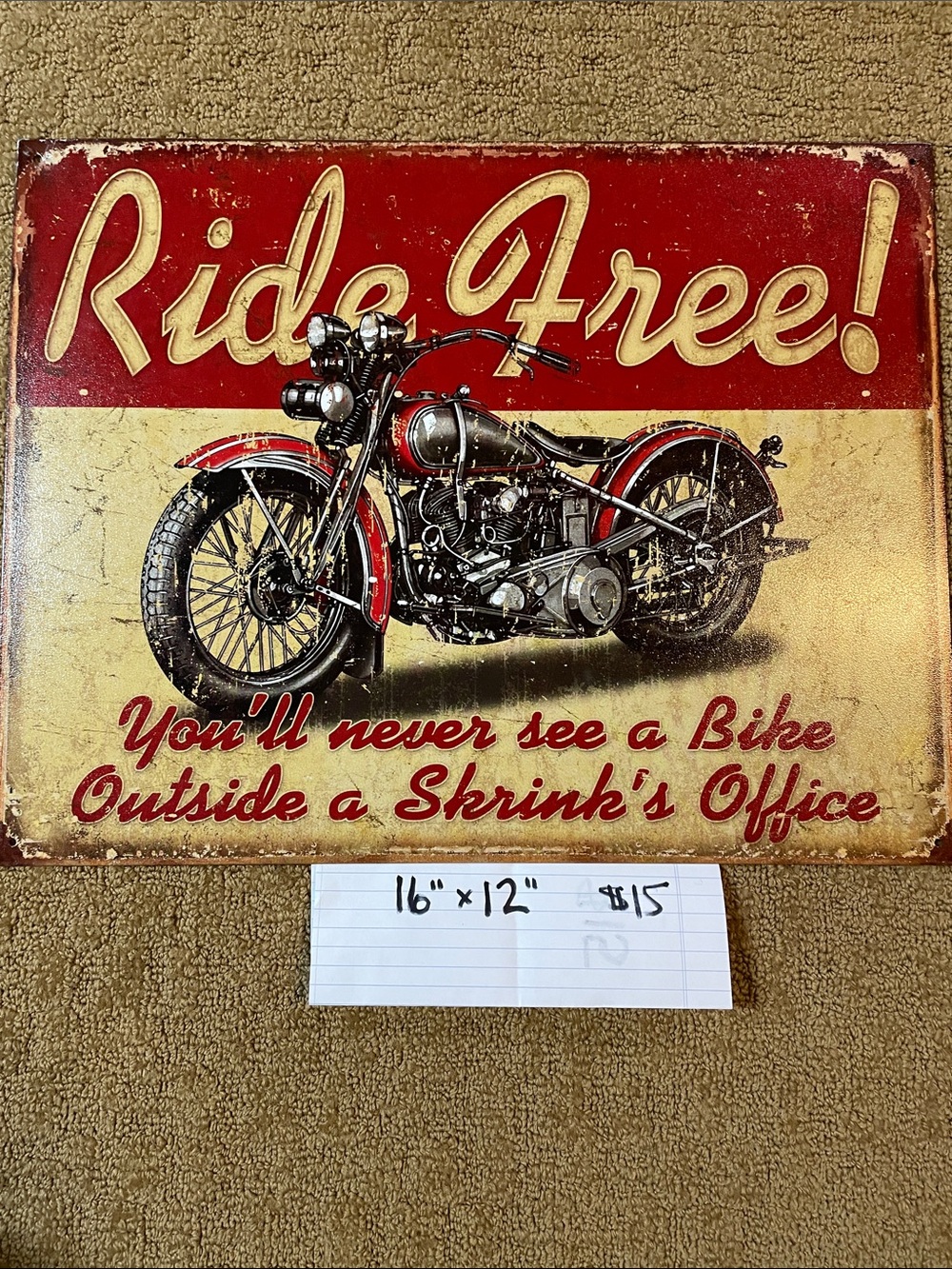 Vintage-Style 'Ride Free!' Red and Cream Motorcycle Wall Art